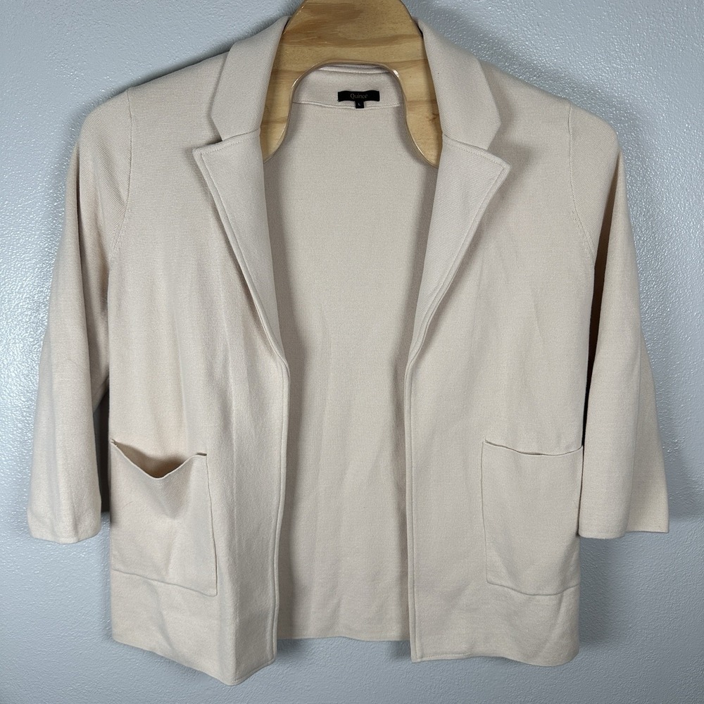Quince 100% Organic Cotton Knit Blazer Sz Large Alabaster Ivory Cardigan Sweater
